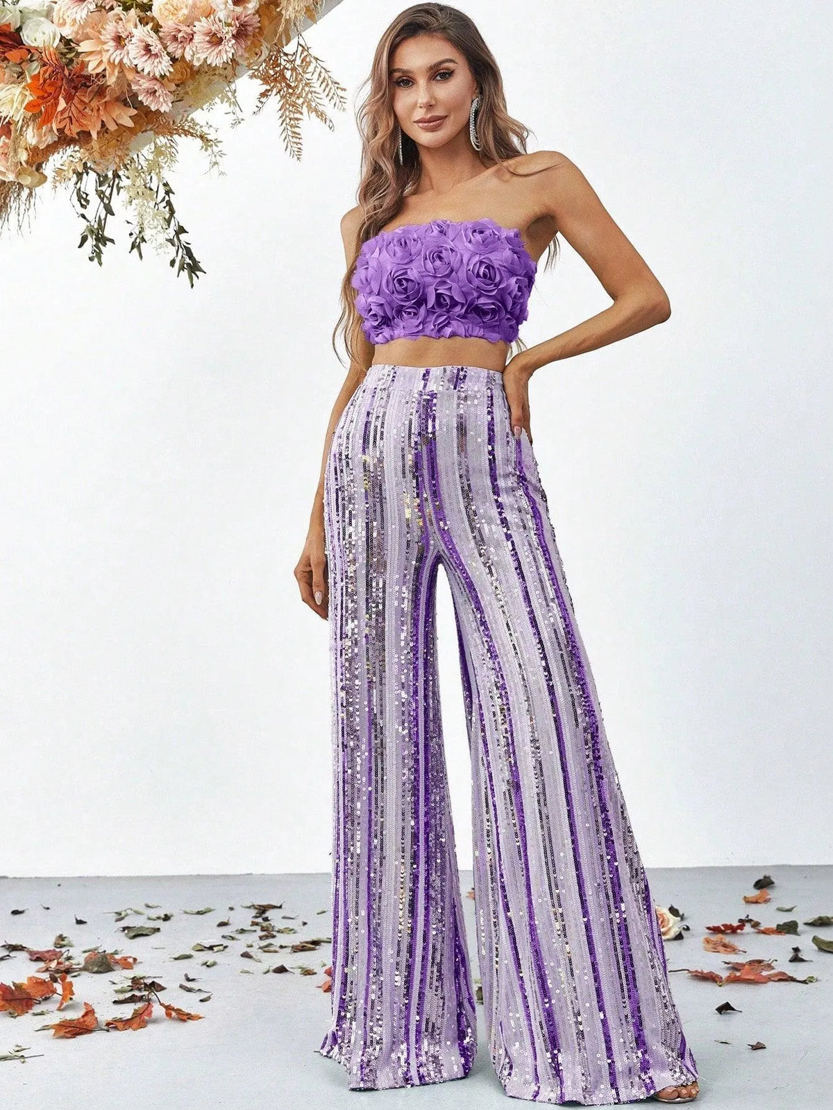 3D Flowers Tube Top & Sequin Wide Leg Pants - Elonnashop