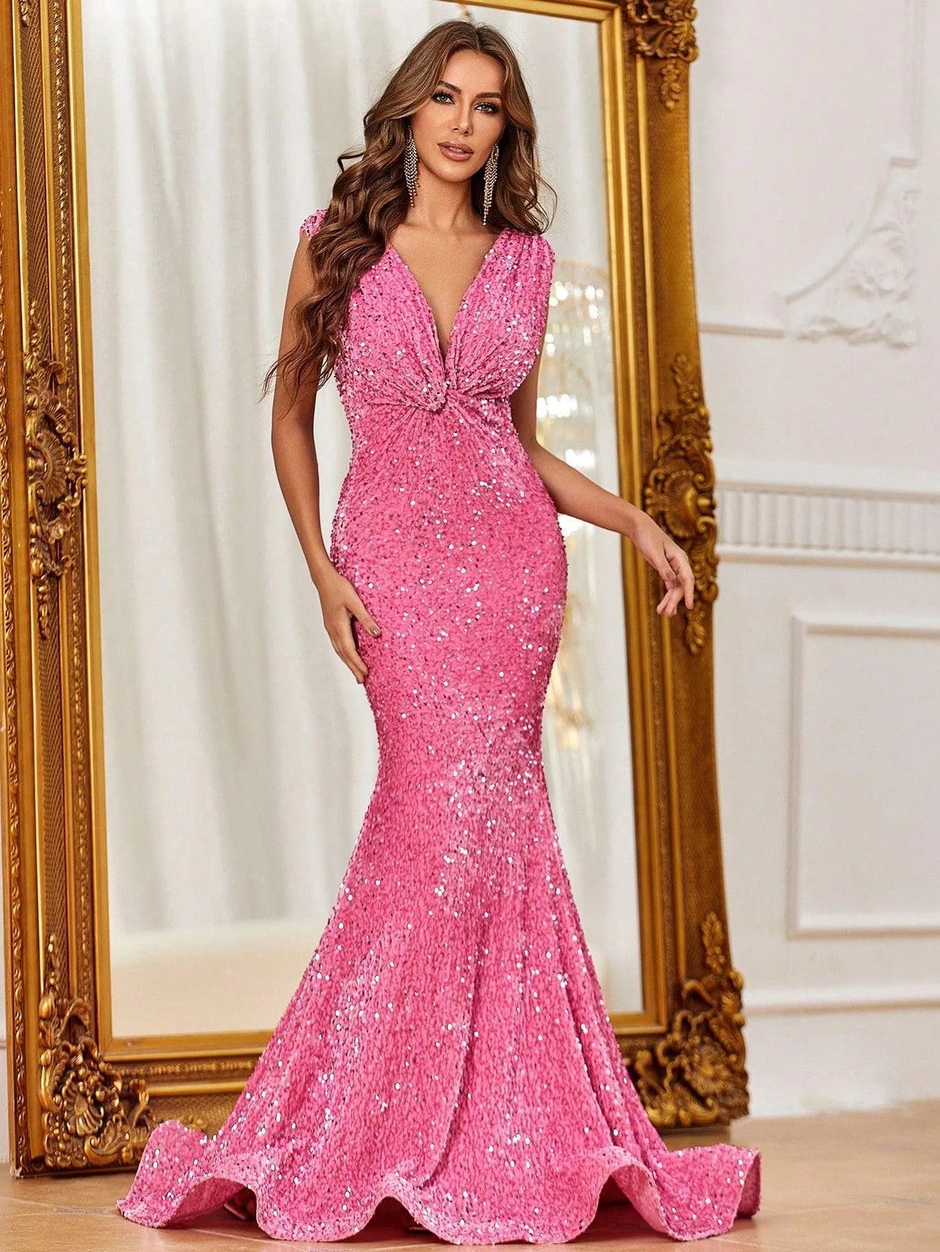 Twist Front Mermaid Hem Sequin Prom Dress - Elonnashop