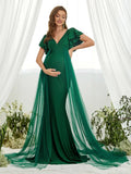 Maternity Plunging Neck Layered Ruffle Sleeve Mermaid Dress - Elonnashop