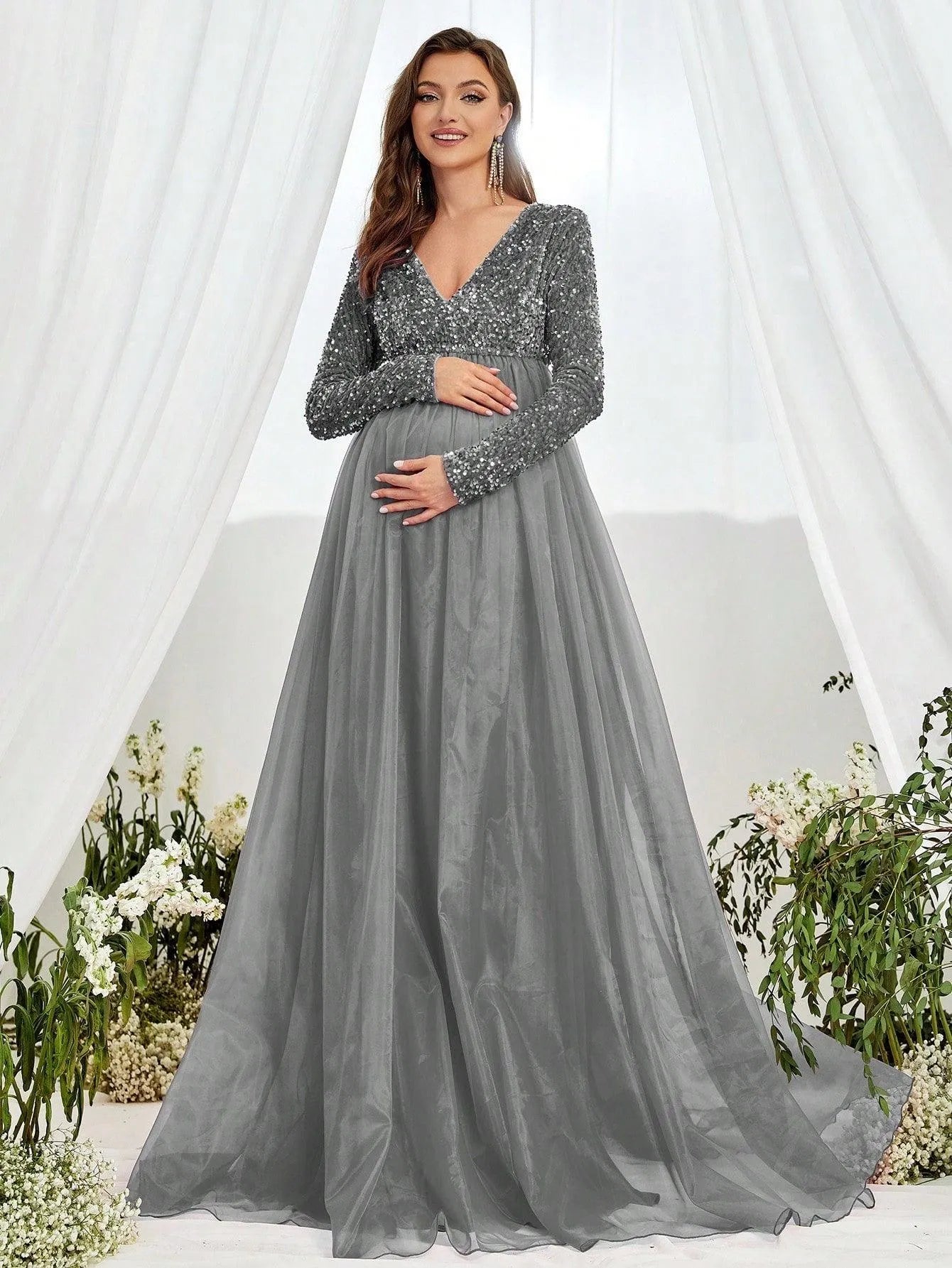 Maternity V Neck Long Sleeve Organza Hem Formal Dress - Elonnashop