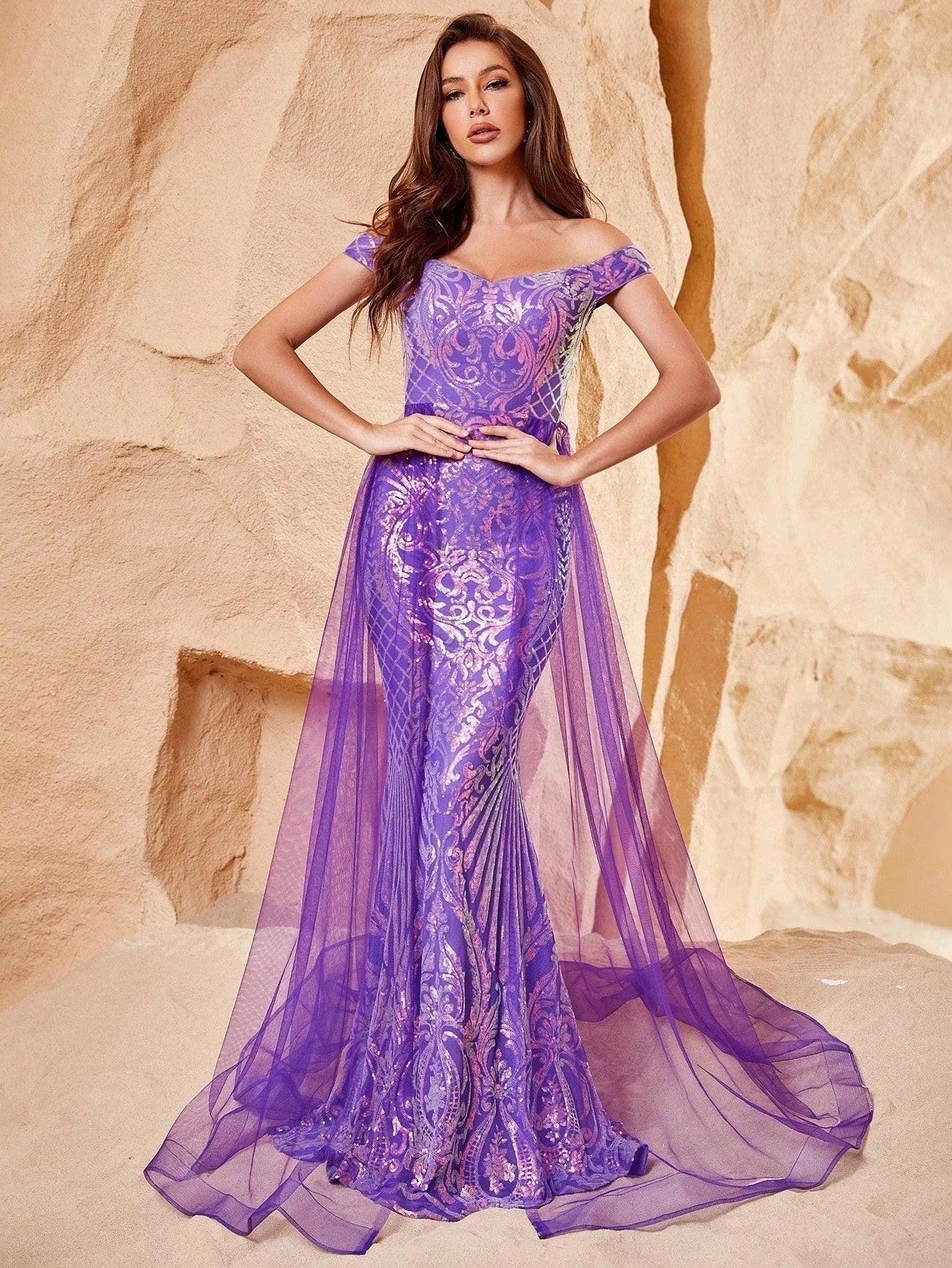 Elegant Off Shoulder Short Sleeve Mermaid Prom Dresses - Elonnashop