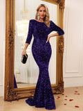 Elegant Round Neck 3/4 Sleeves Sequin Mermaid Dresses - Elonnashop