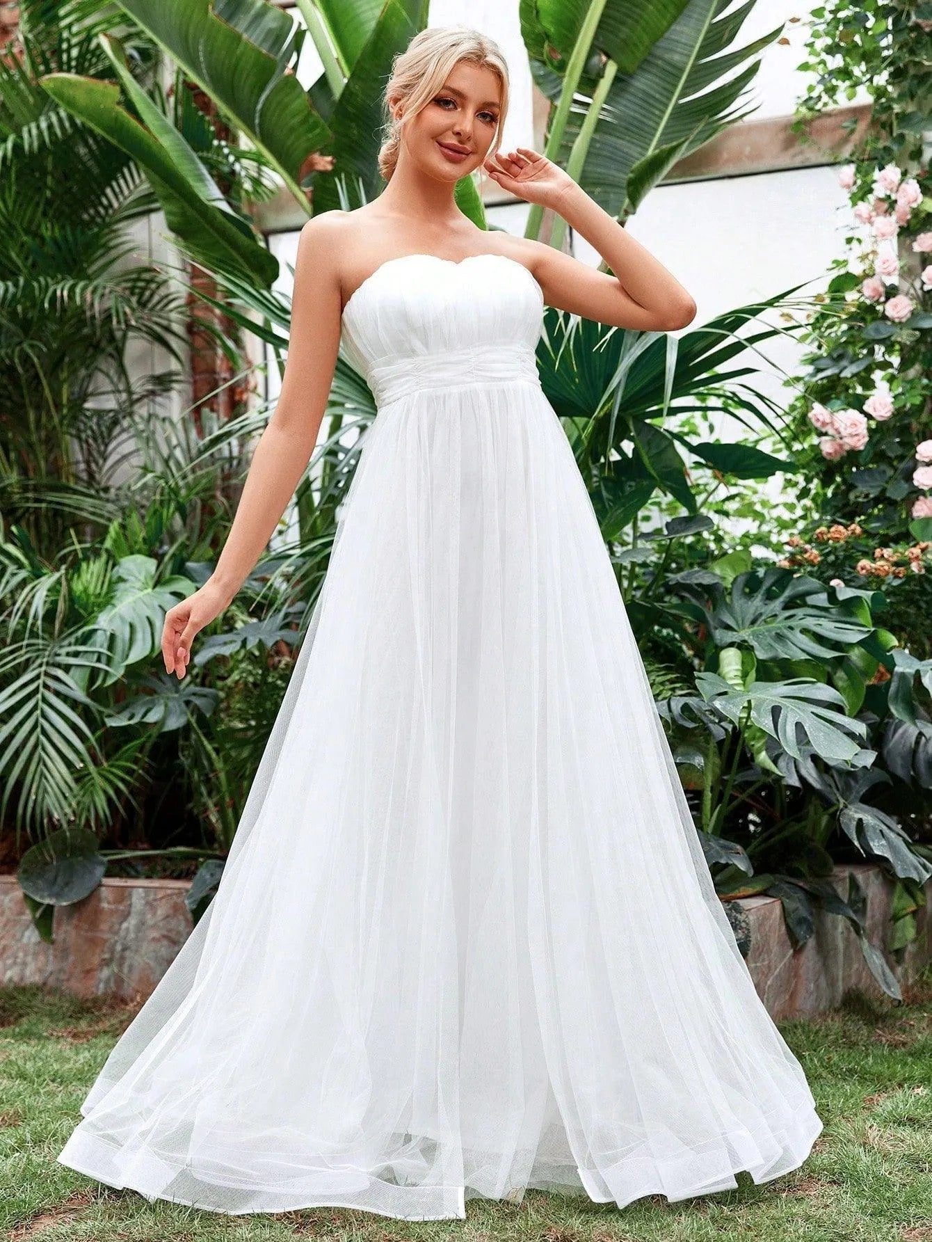 Ruched Waist Mesh Tube Wedding Dress - Elonnashop