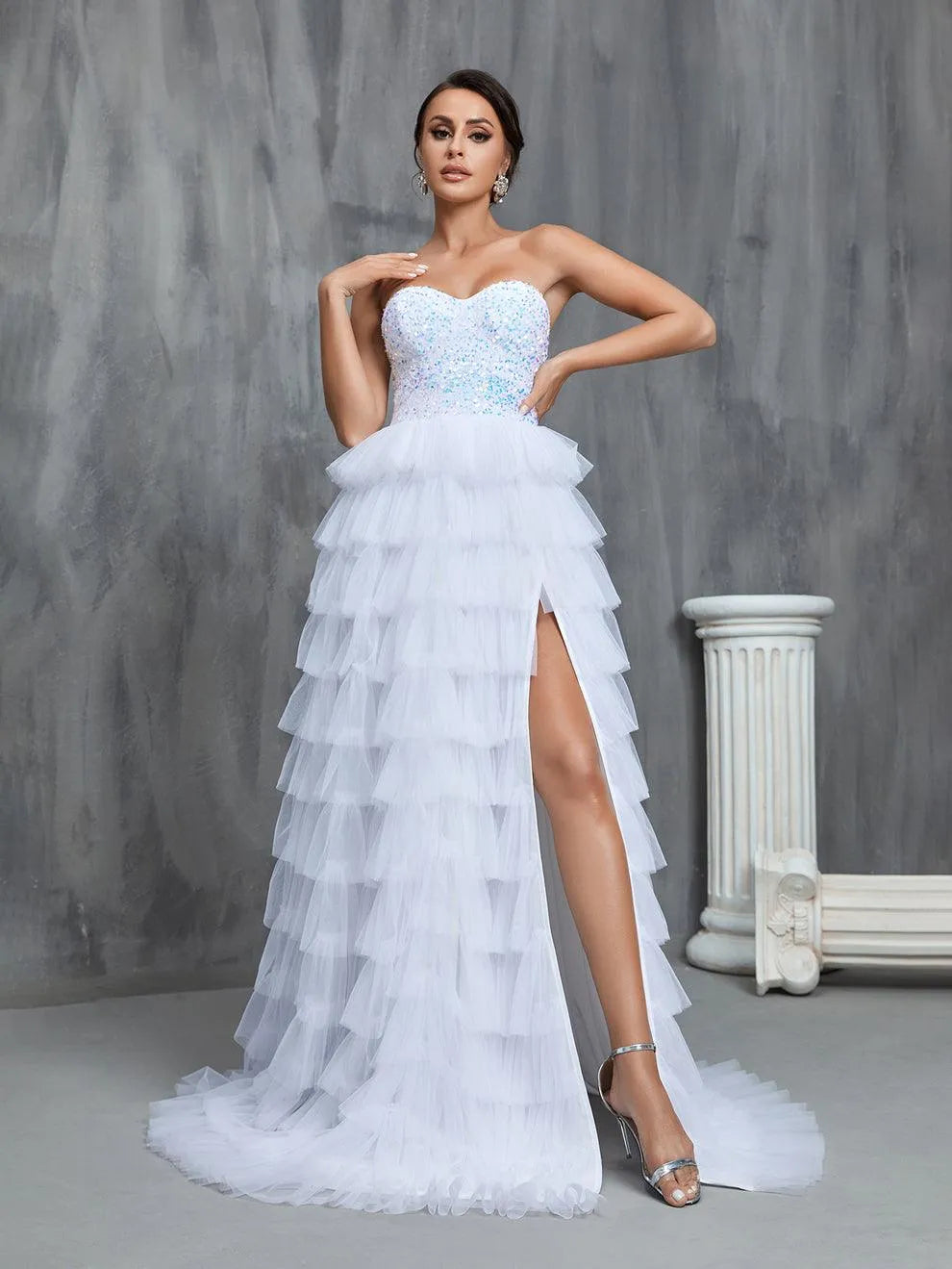 Sequin Bodice Contrast Cascading Ruffle Wedding Dresses - Elonnashop