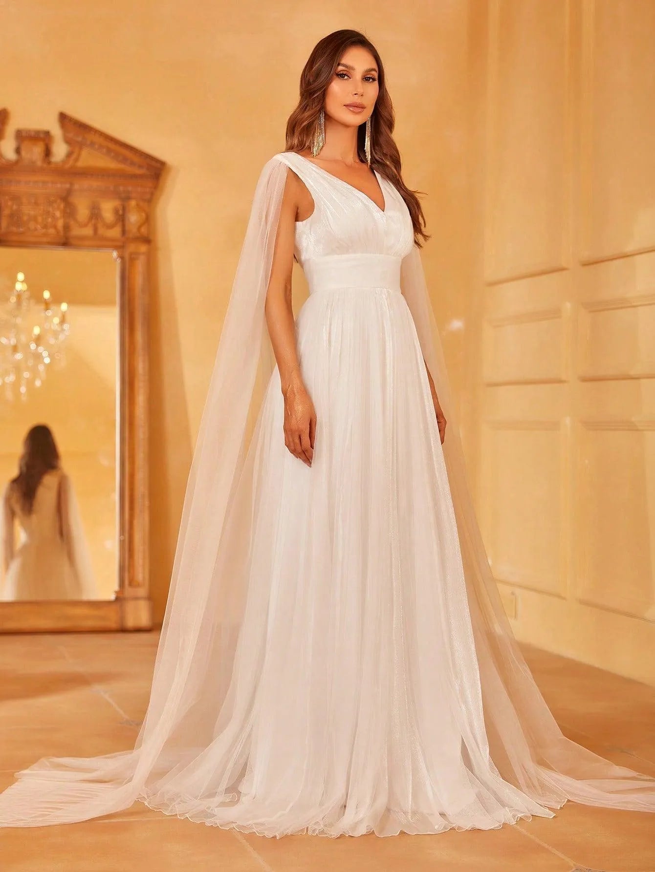 Plunging Neck A Line Wedding dress With Cape - Elonnashop