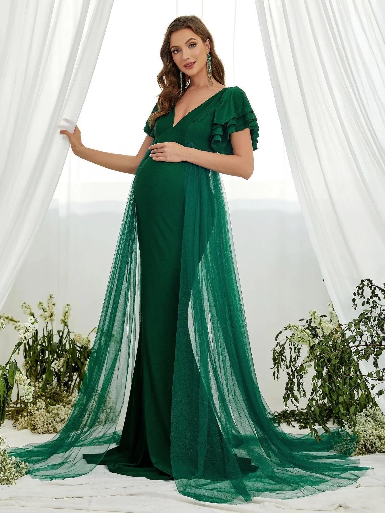 Maternity Plunging Neck Layered Ruffle Sleeve Mermaid Dress - Elonnashop