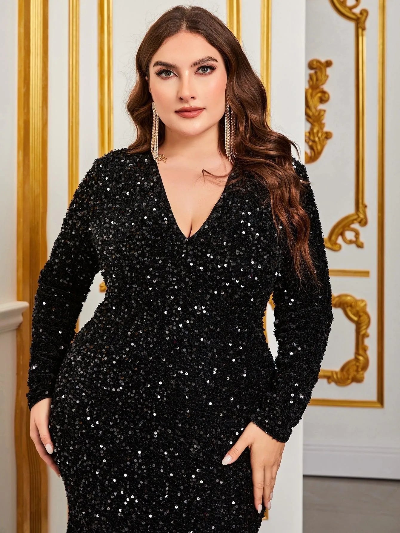 Plus V Neck Long Sleeve Sequin Mermaid Dresses - Elonnashop