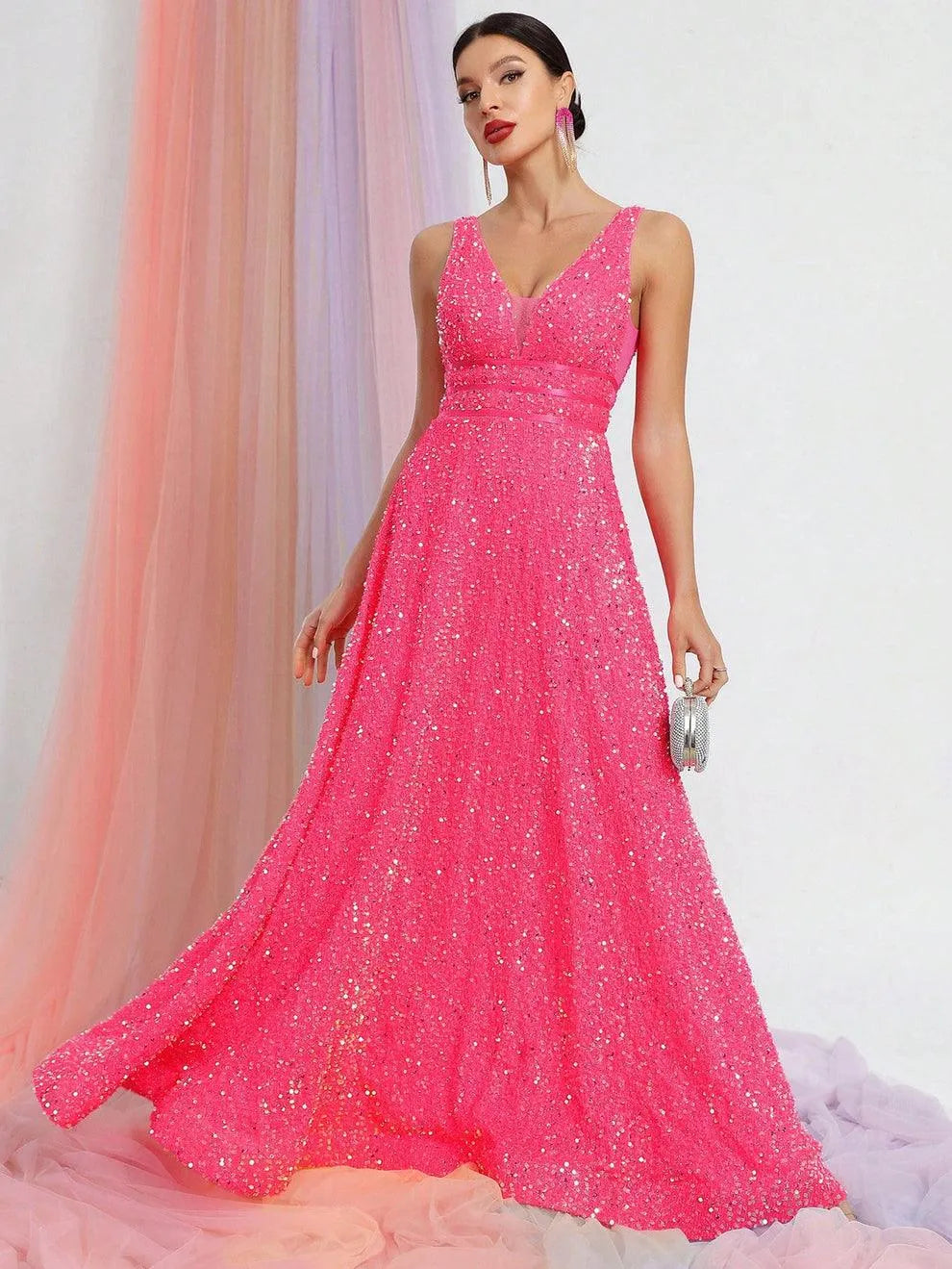 Elegant V Neck Sleeveless Sequin A-line Dresses - Elonnashop