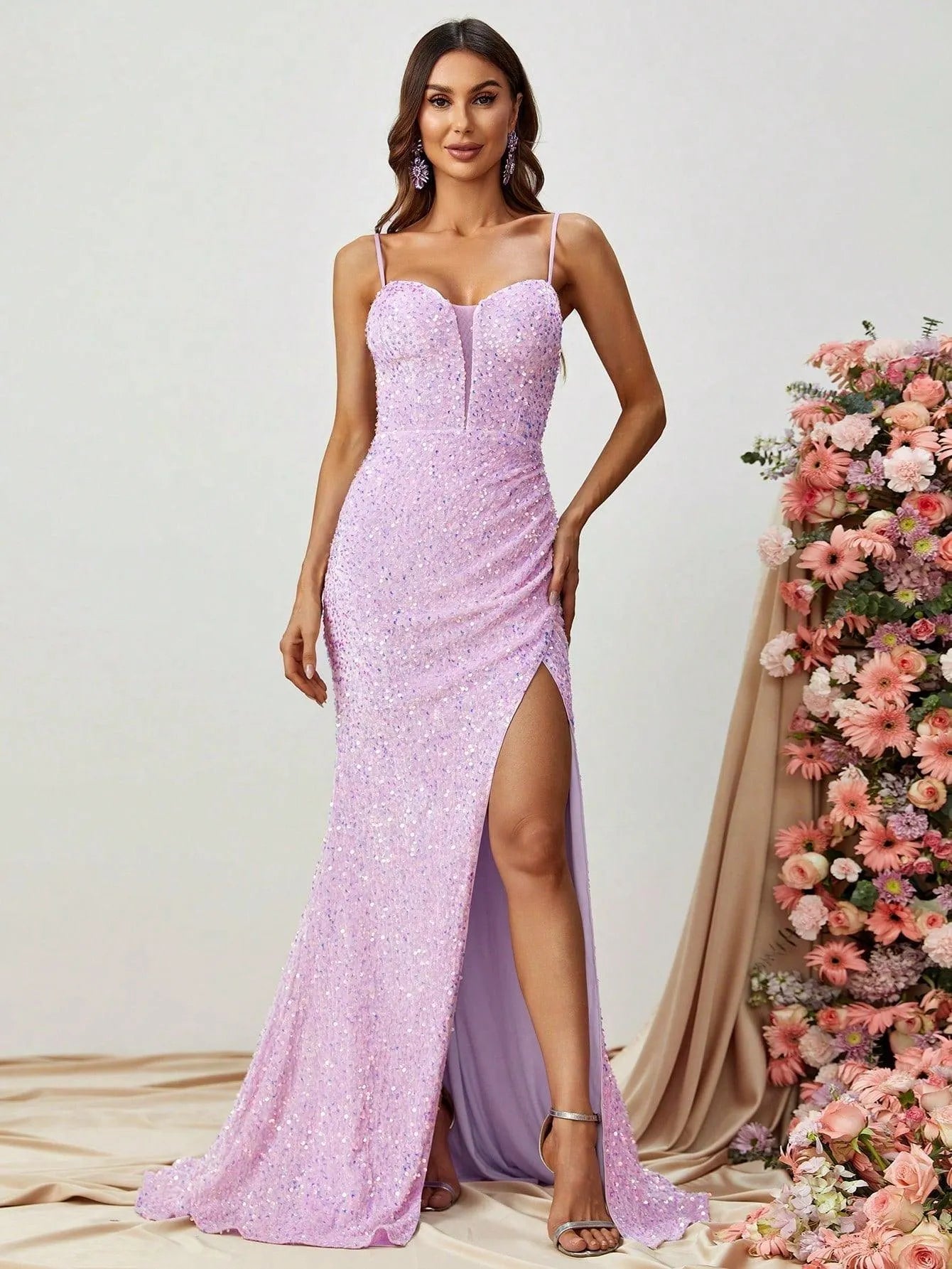 Spaghetti Strap Sweetheart Neck Sequin Slit Dress - Elonnashop