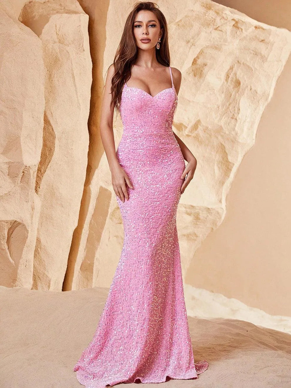 Elegant Spaghetti Straps Sequin Mermaid Dresses - Elonnashop