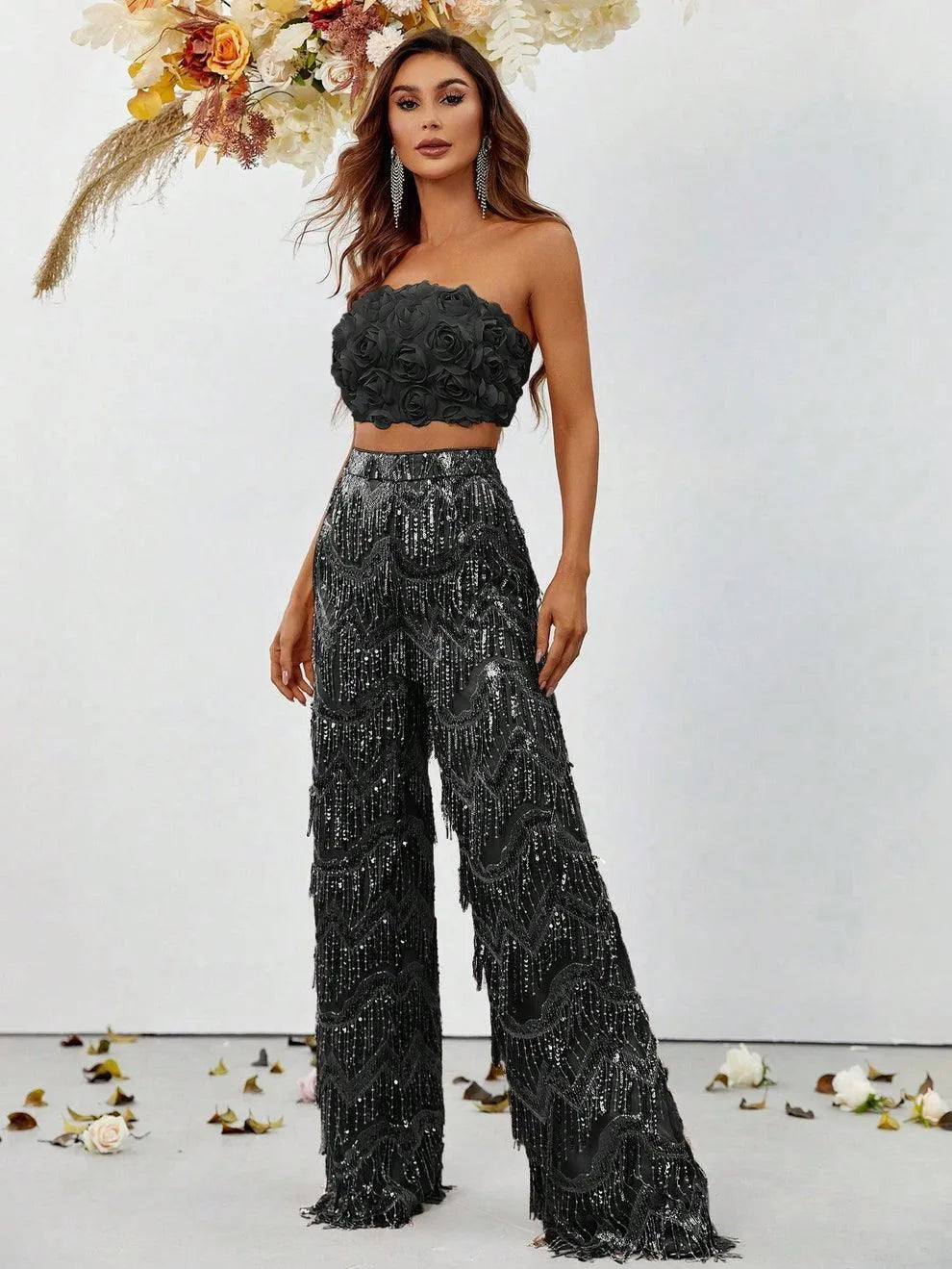 3D Flower Tube Top & Sequin Fringed Pants - Elonnashop