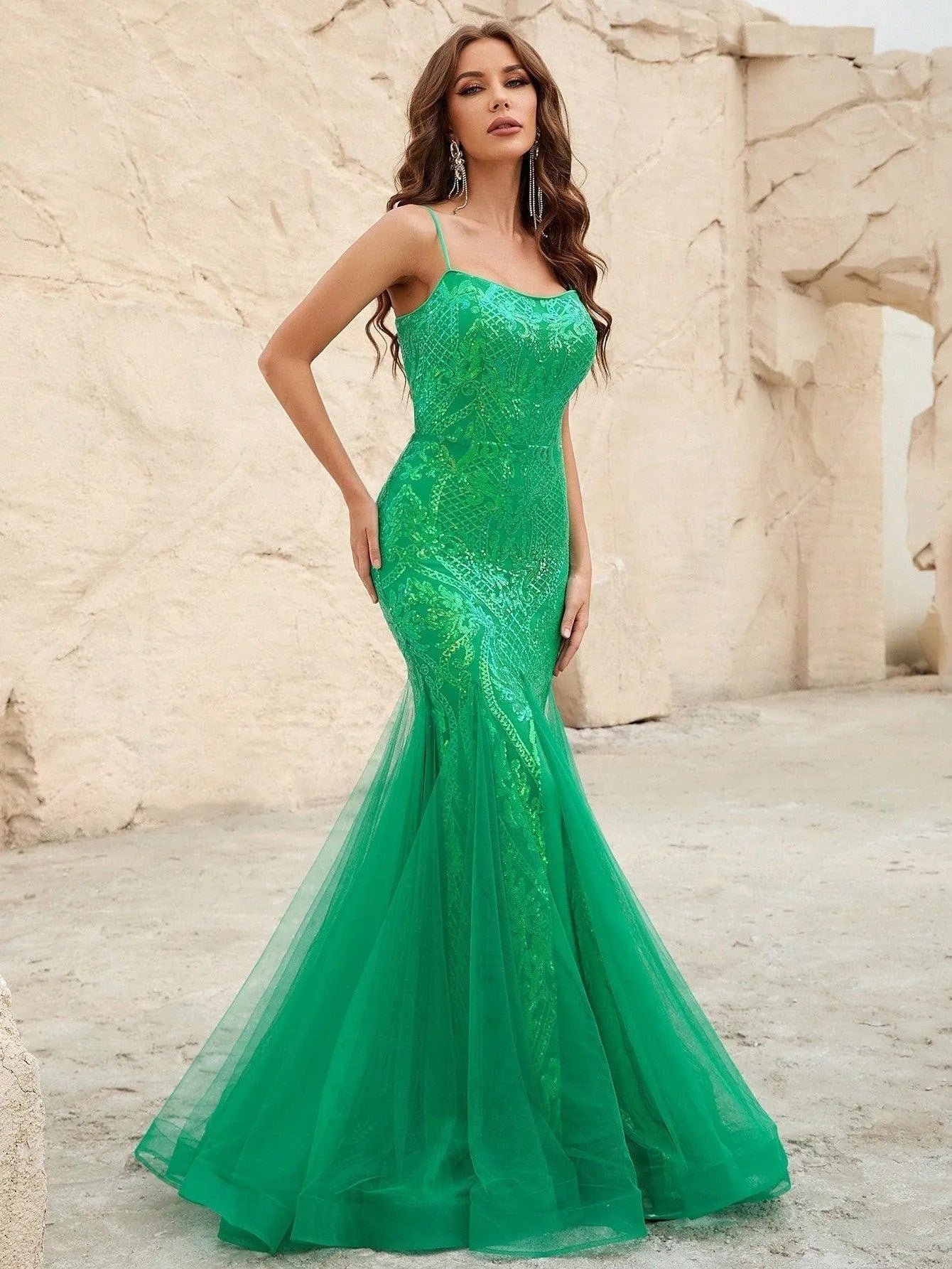 Elegant Spaghetti Strap Mesh Insert Sequin Mermaid Dress - Elonnashop