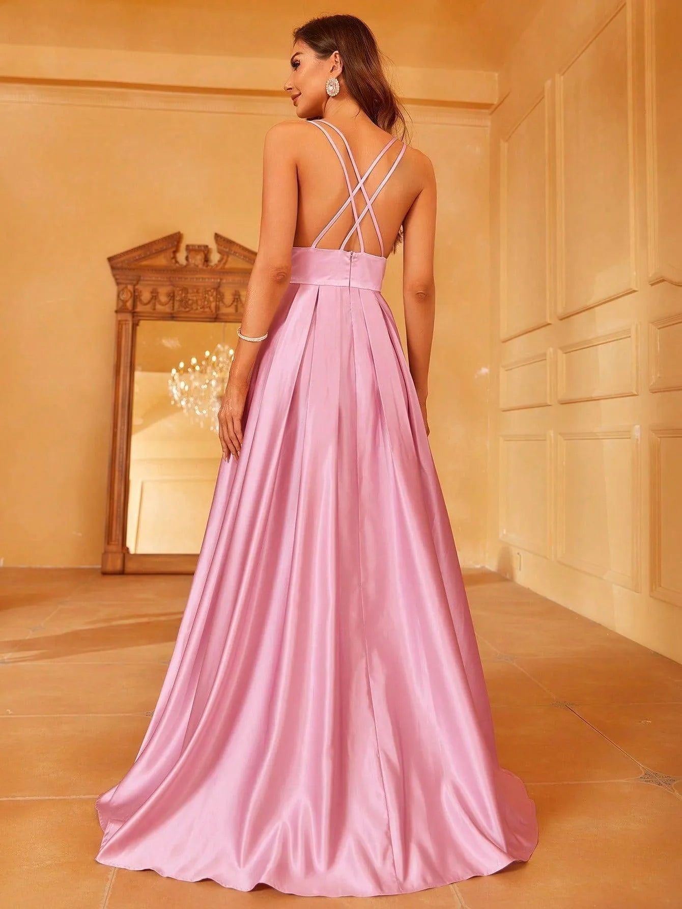 Plunging Neck Floor Length Satin Cami Party Dress - Elonnashop