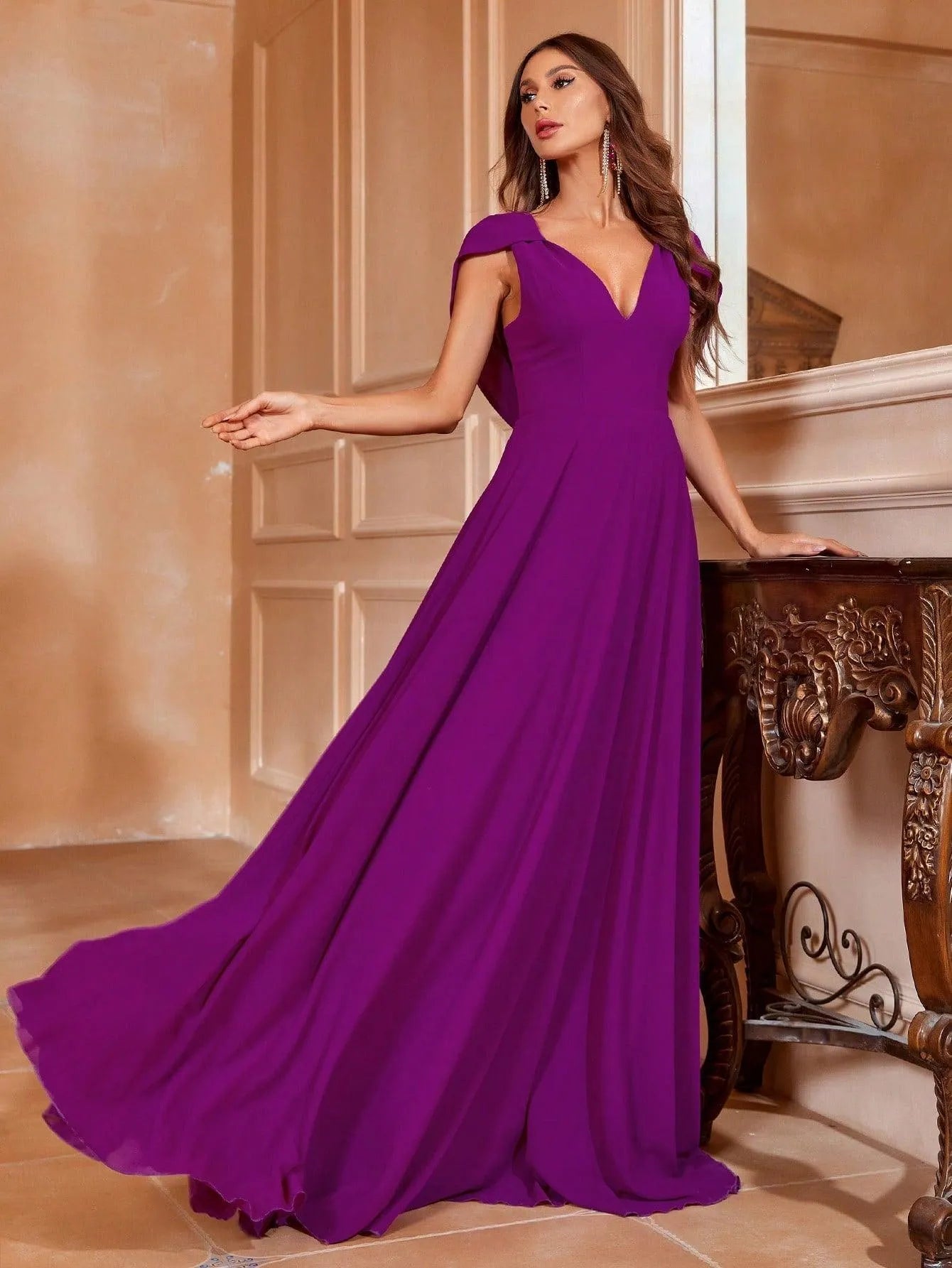 Solid V Neck Draped Back Chiffon A Line Dress - Elonnashop