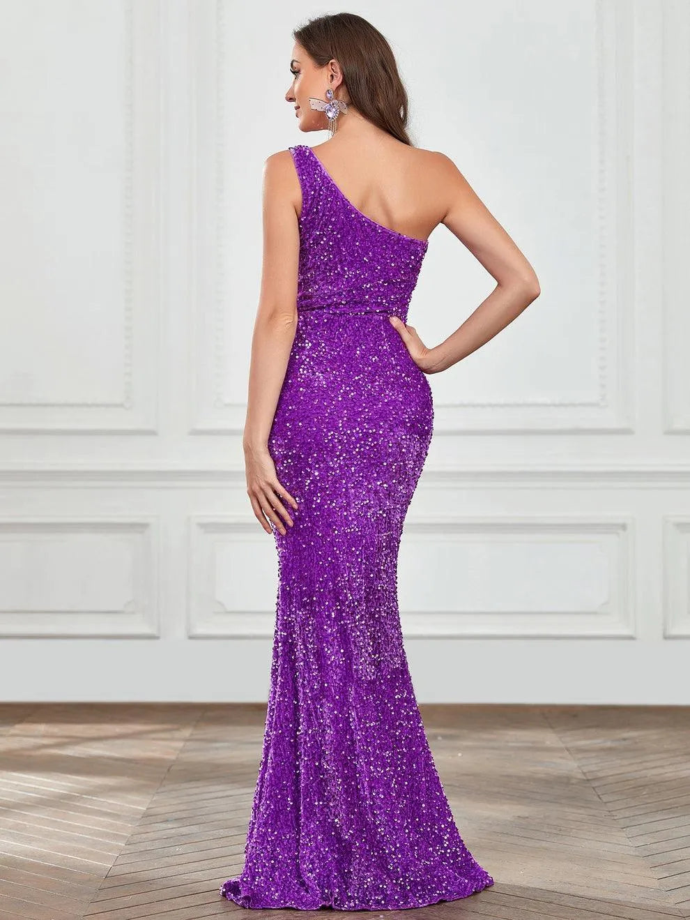 One Shoulder Satin Overlay Sequin Mermaid Dresses - Elonnashop