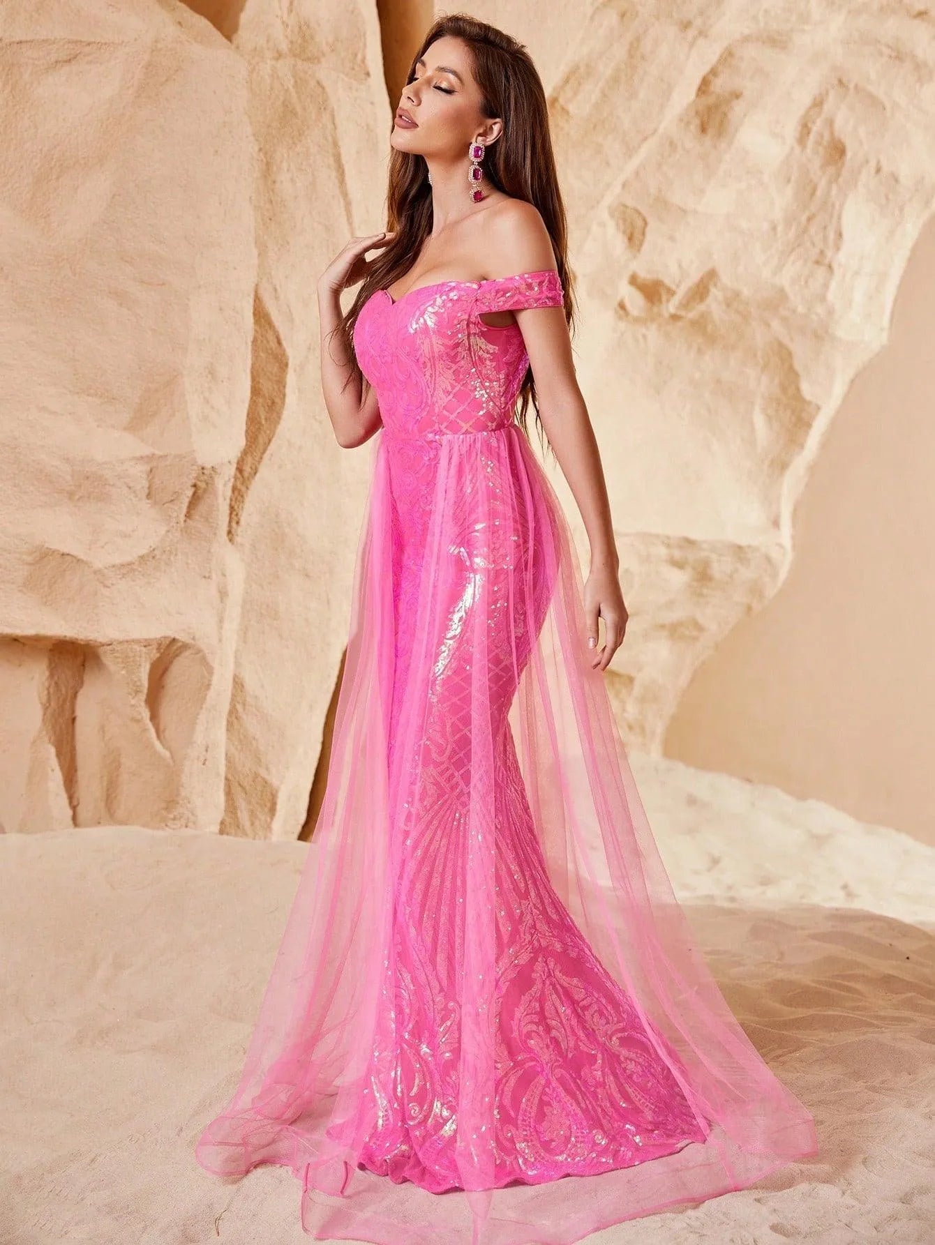 Elegant Off Shoulder Short Sleeve Mermaid Prom Dresses - Elonnashop