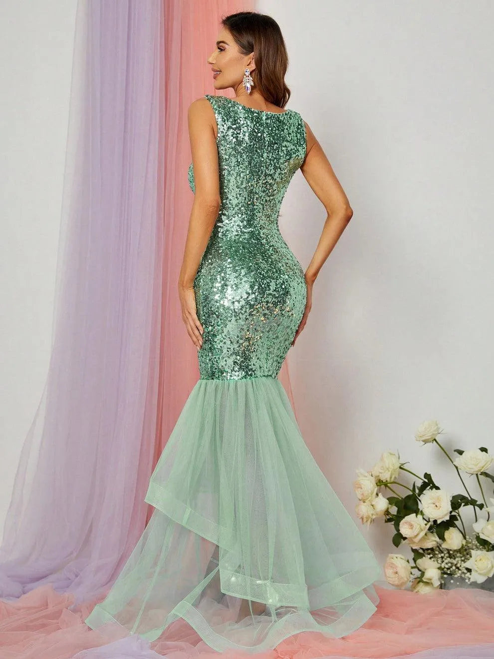 Elegant Round Neck Sleeveless Sequin Prom Dresses - Elonnashop