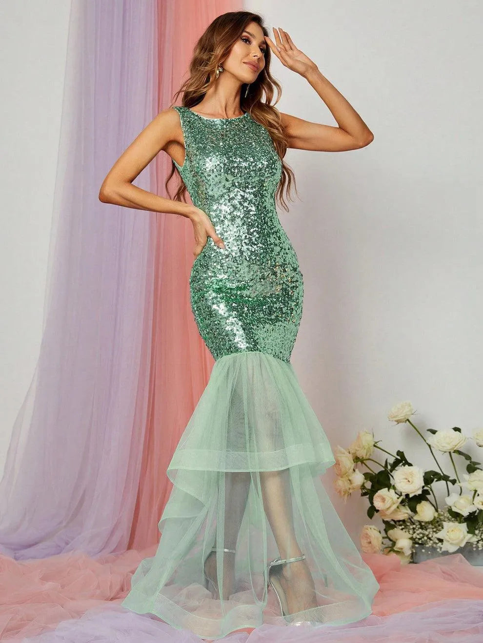 Elegant Round Neck Sleeveless Sequin Prom Dresses - Elonnashop