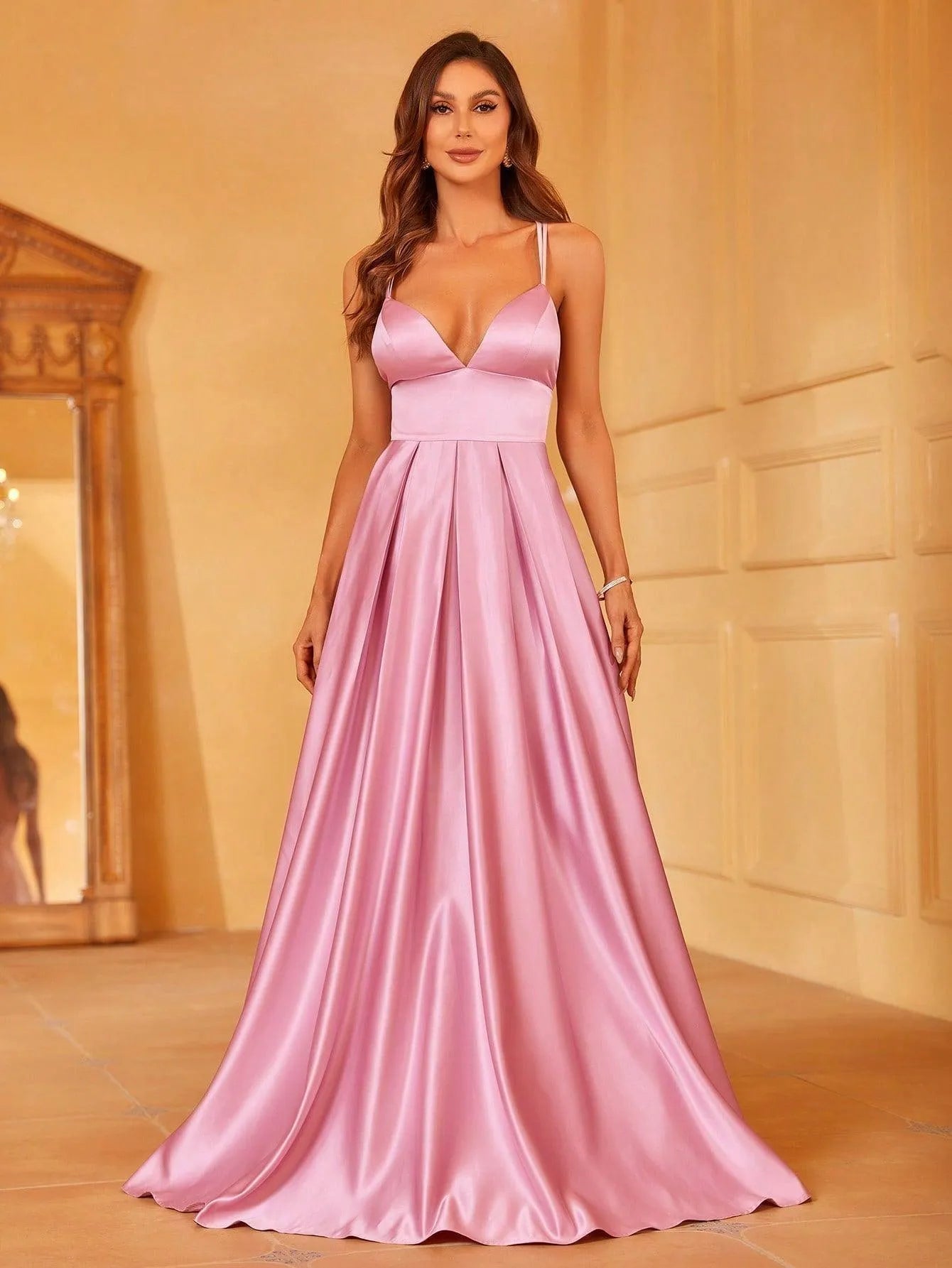 Plunging Neck Floor Length Satin Cami Party Dress - Elonnashop