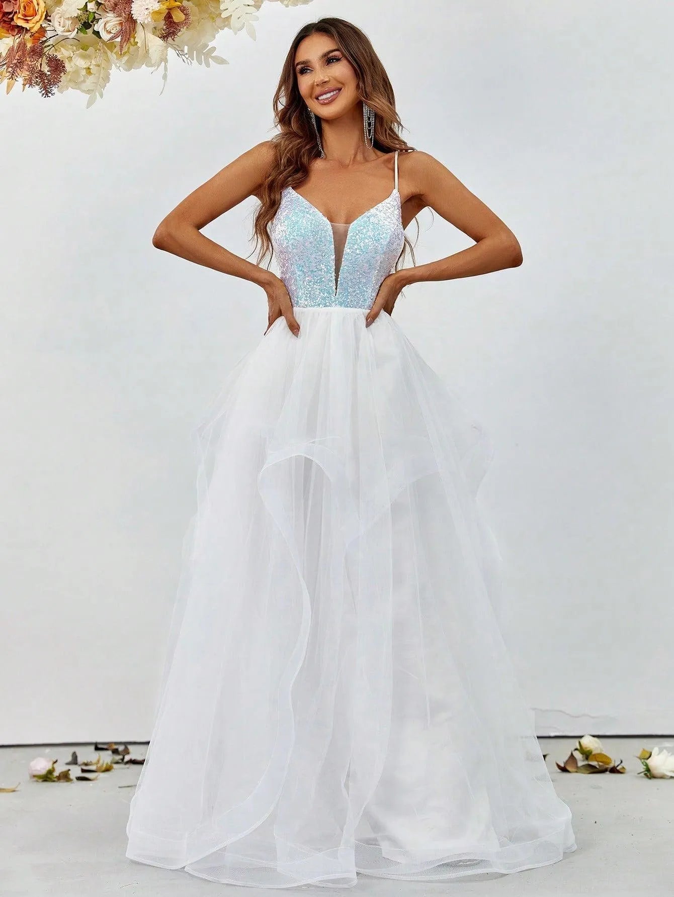 Sequin Bodice Contrast Mesh Hem Cami Wedding Dresses - Elonnashop