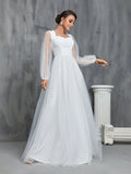 Lantern Sleeves Dobby Mesh Wedding Dress - Elonnashop