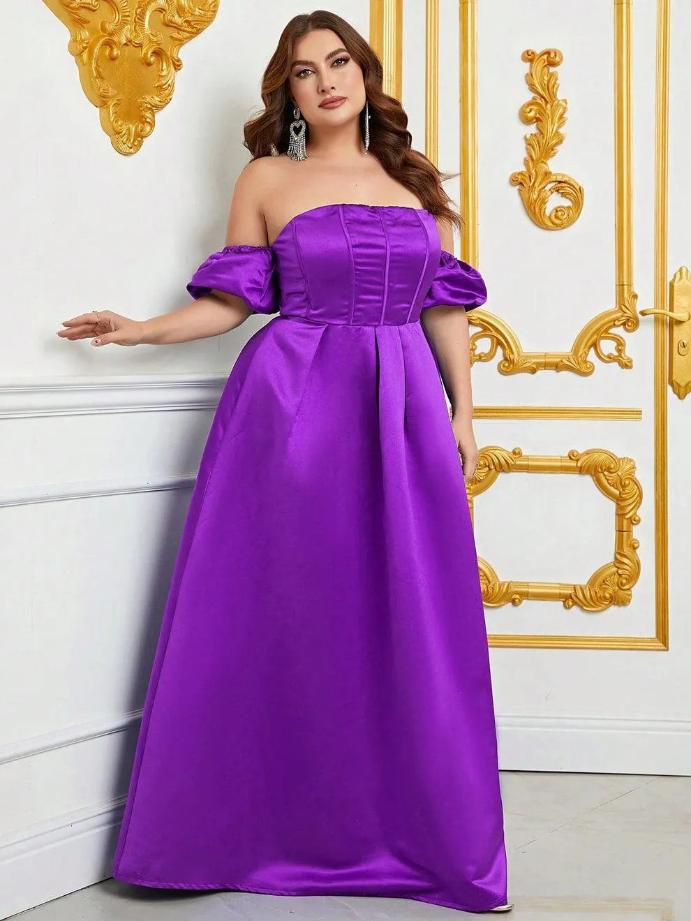 Plus Off Shoulder Puff Sleeves Ruched Bust Satin Prom Dress - Elonnashop