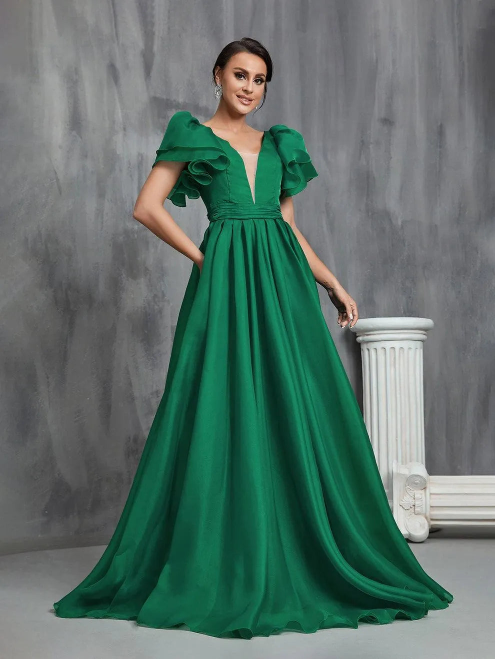 Backless Layered Sleeves Organza Prom Dress - Elonnashop