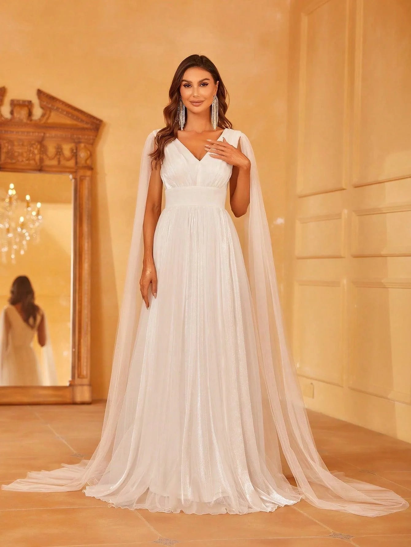 Plunging Neck A Line Wedding dress With Cape - Elonnashop