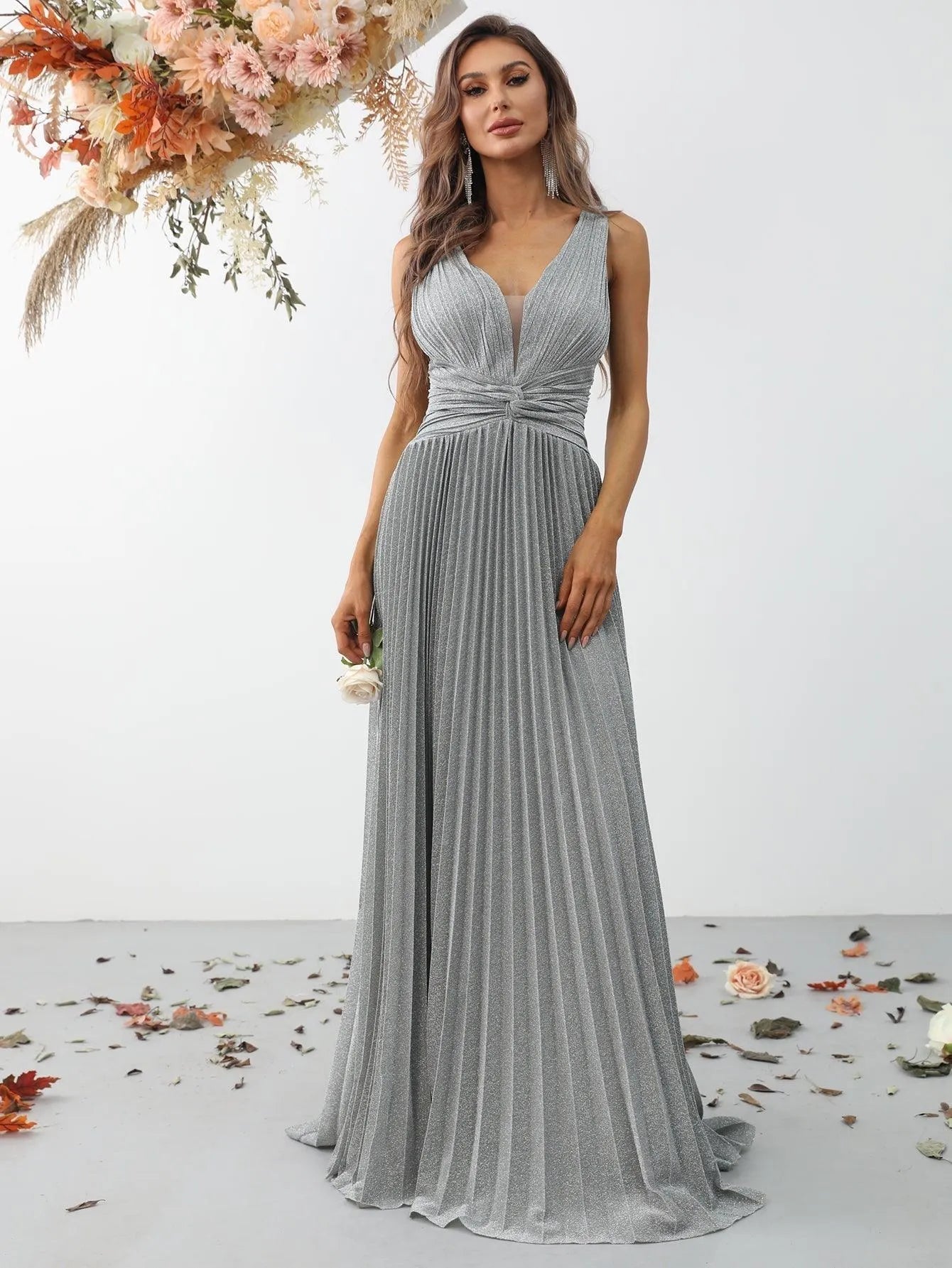 Glitter V Neck Sleeveless Maxi A Line Pleated Gown - Elonnashop