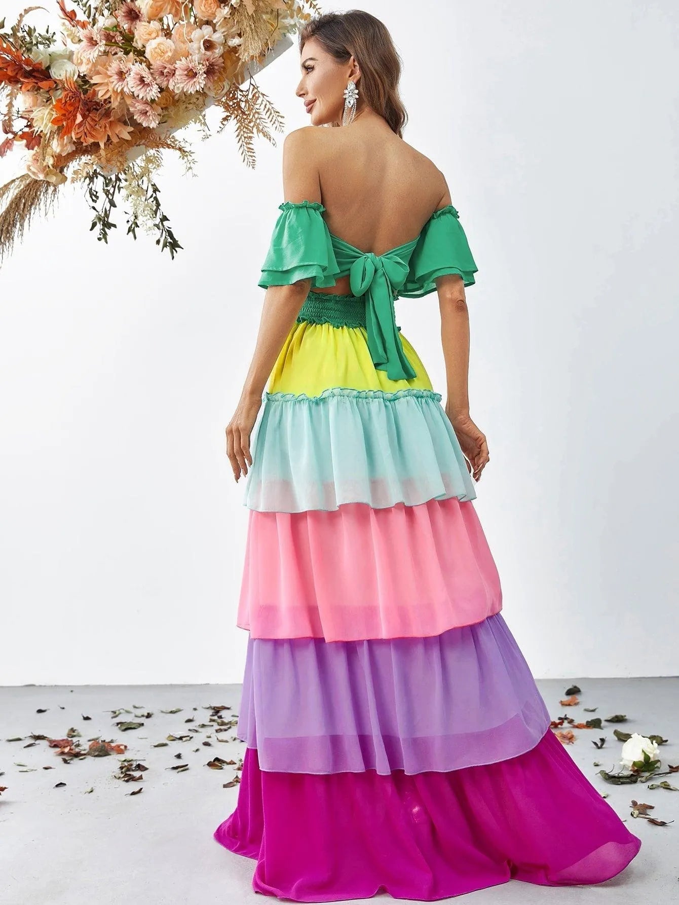 Off Shoulder Ruffle Sleeve Chiffon Layered Dresses - Elonnashop