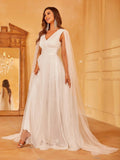 Plunging Neck A Line Wedding dress With Cape - Elonnashop