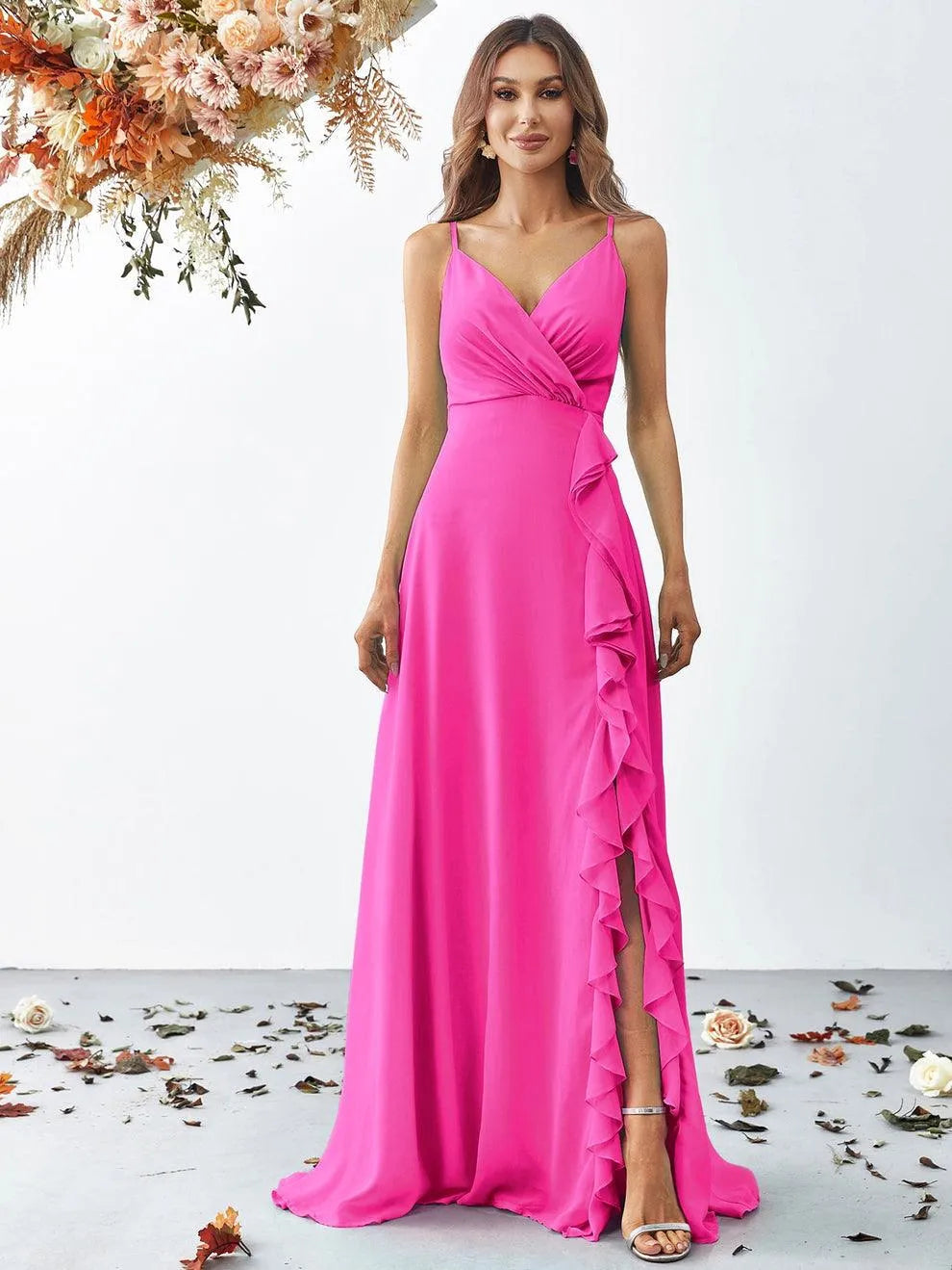 Elegant V Neck Sleeveless Ruffle Slit Chiffon A Line Dresses - Elonnashop