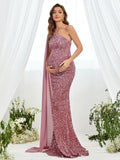 Maternity One Shoulder Draped Side Sequin Mermaid Dress - Elonnashop