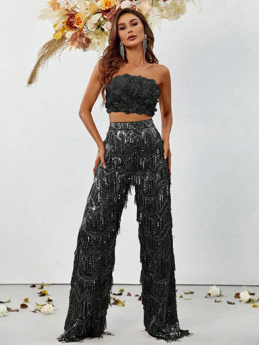 3D Flower Tube Top & Sequin Fringed Pants - Elonnashop