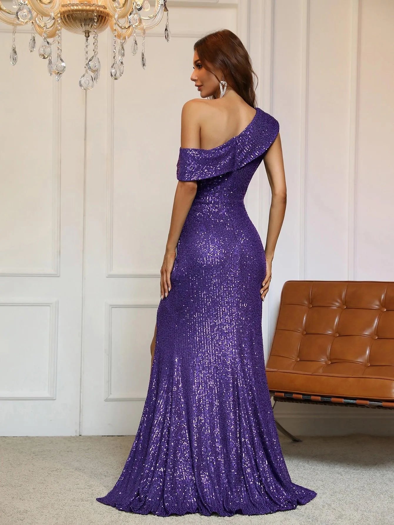 One-Shoulder Sequined Gown with Thigh-High Slit - Elonnashop