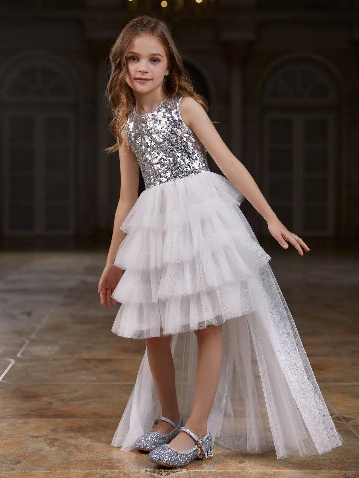 Tween Girls' Mesh Layered Hem Sequin Party Dress - Elonnashop