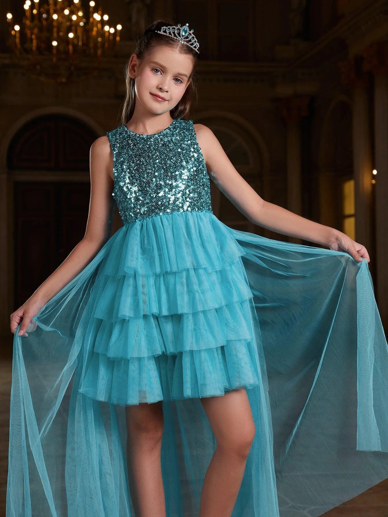 Tween Girls' Mesh Layered Hem Sequin Party Dress - Elonnashop