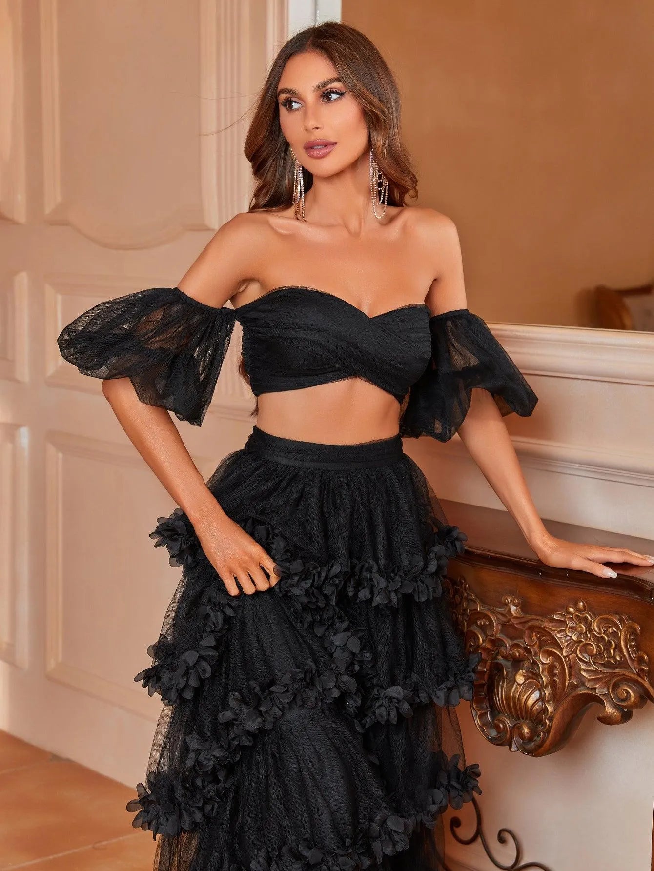 Off Shoulder Puff Sleeve Crop Top & Frill Trim Mesh Skirt - Elonnashop