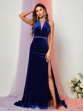 Halter Backless Rhinestone Waistband Velvet Dresses - Elonnashop