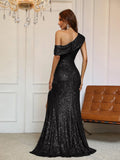 One-Shoulder Sequined Gown with Thigh-High Slit - Elonnashop