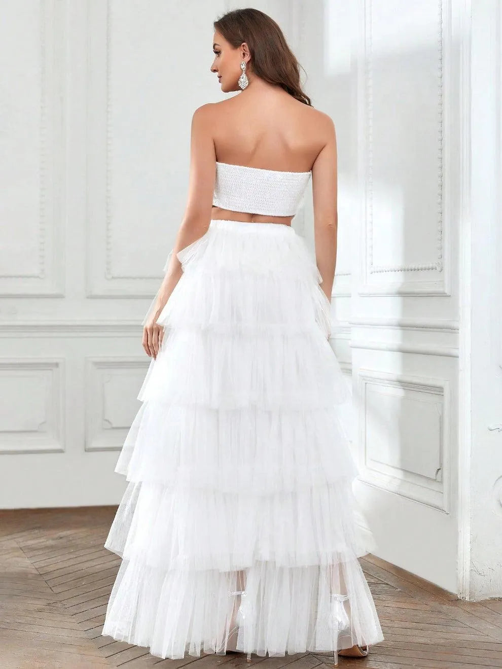 Ruffled Tulle Skirt and Rosette Crop Top Set - Elonnashop