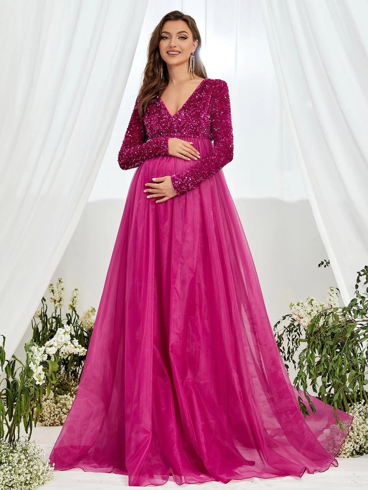 Maternity V Neck Long Sleeve Organza Hem Formal Dress - Elonnashop