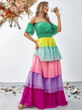 Off Shoulder Ruffle Sleeve Chiffon Layered Dresses - Elonnashop