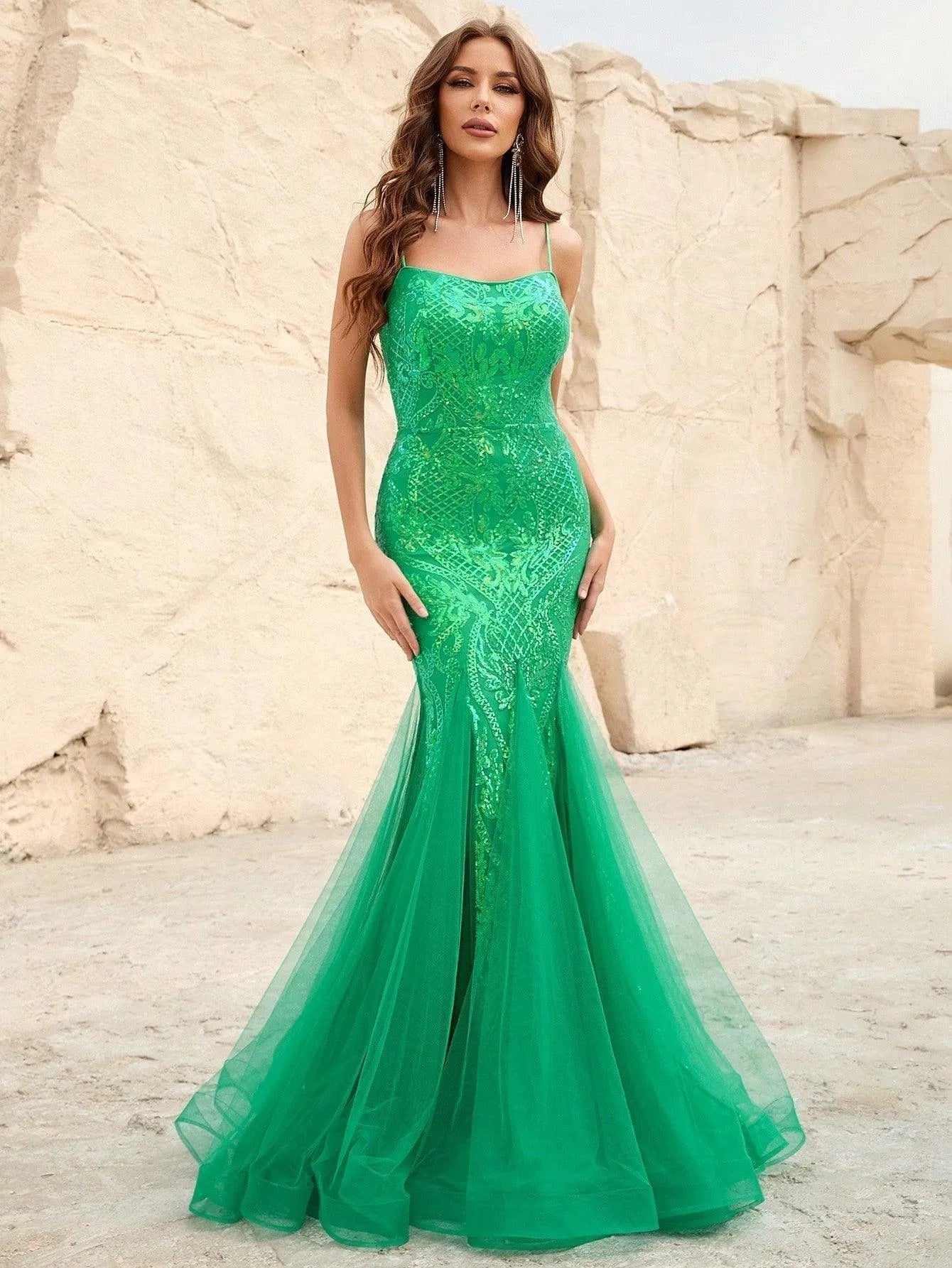 Elegant Spaghetti Strap Mesh Insert Sequin Mermaid Dress - Elonnashop