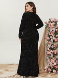 Plus Sweetheart Neck Long Sleeve Sequin Prom Dresses - Elonnashop