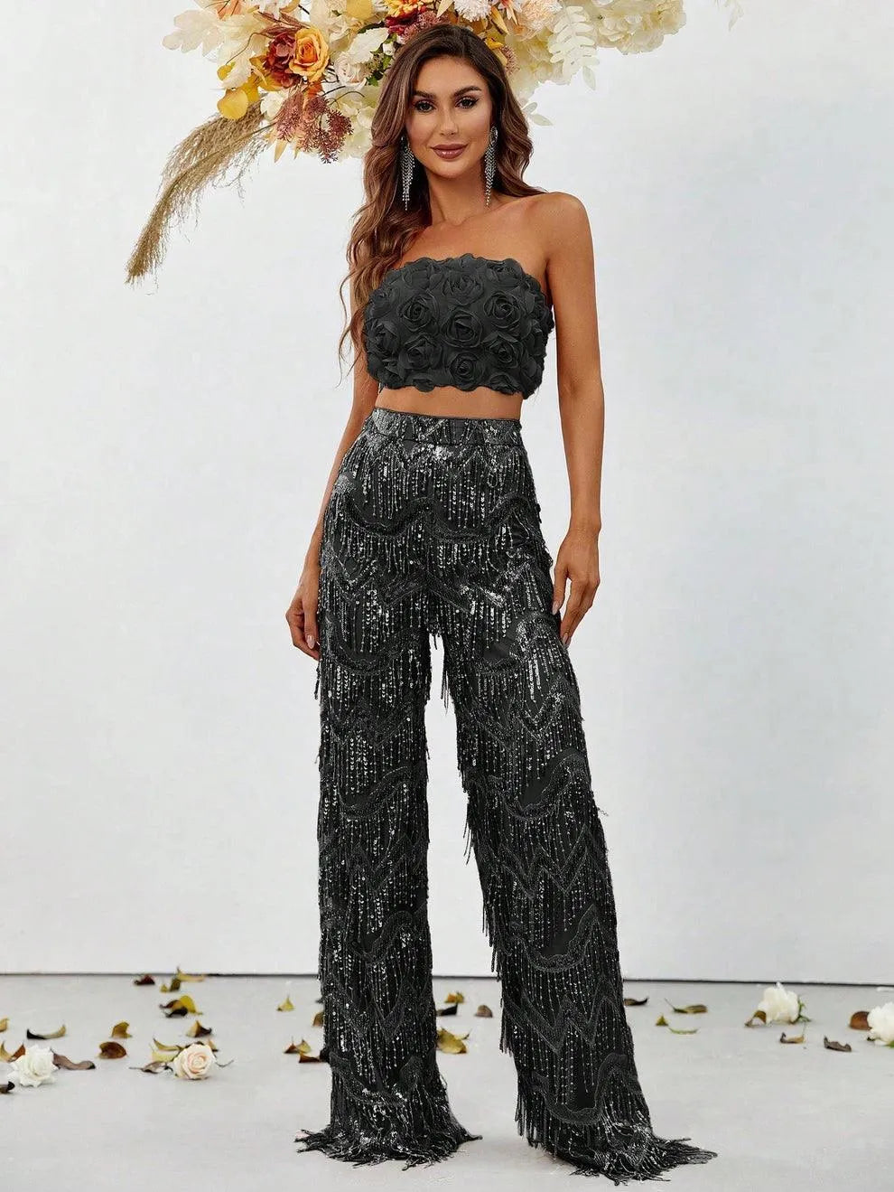 3D Flower Tube Top & Sequin Fringed Pants - Elonnashop