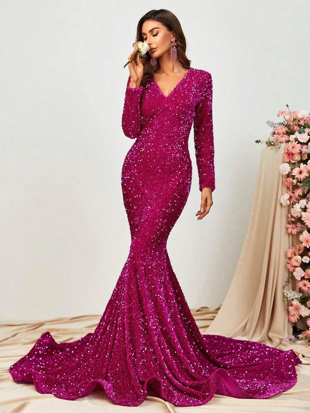 Elegant V Neck Long Sleeve Sequin Prom Dresses - Elonnashop