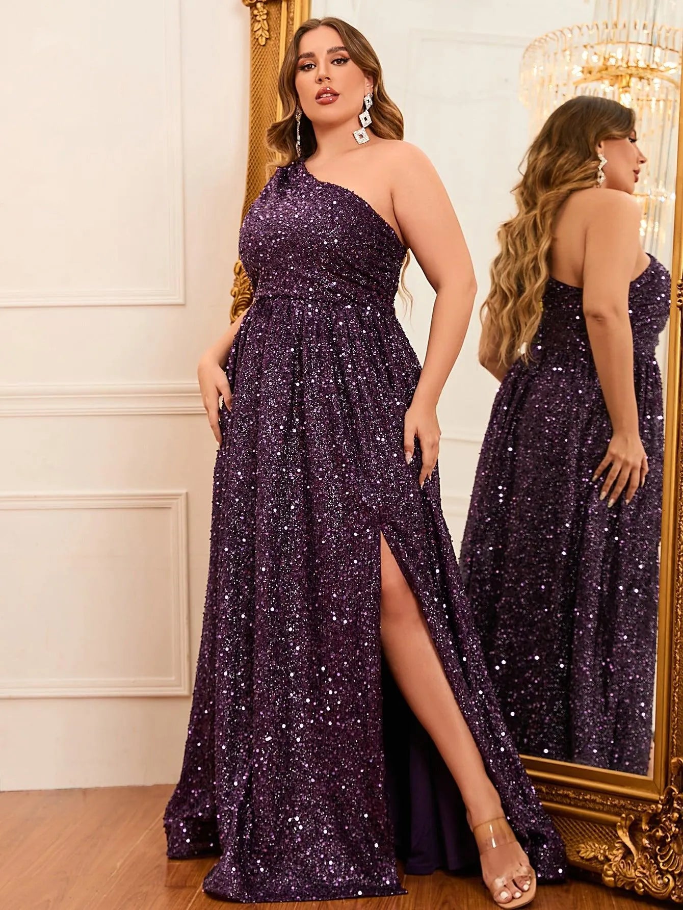 Plus Size One Shoulder Sleeveless Sequin A Line Dresses - Elonnashop