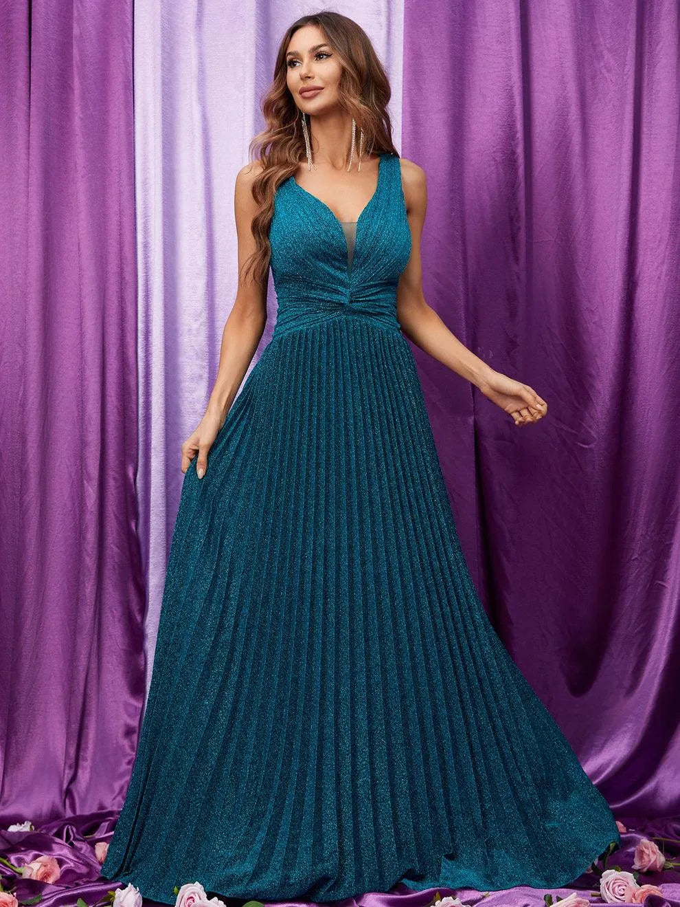 Glitter V Neck Sleeveless Maxi A Line Pleated Gown - Elonnashop