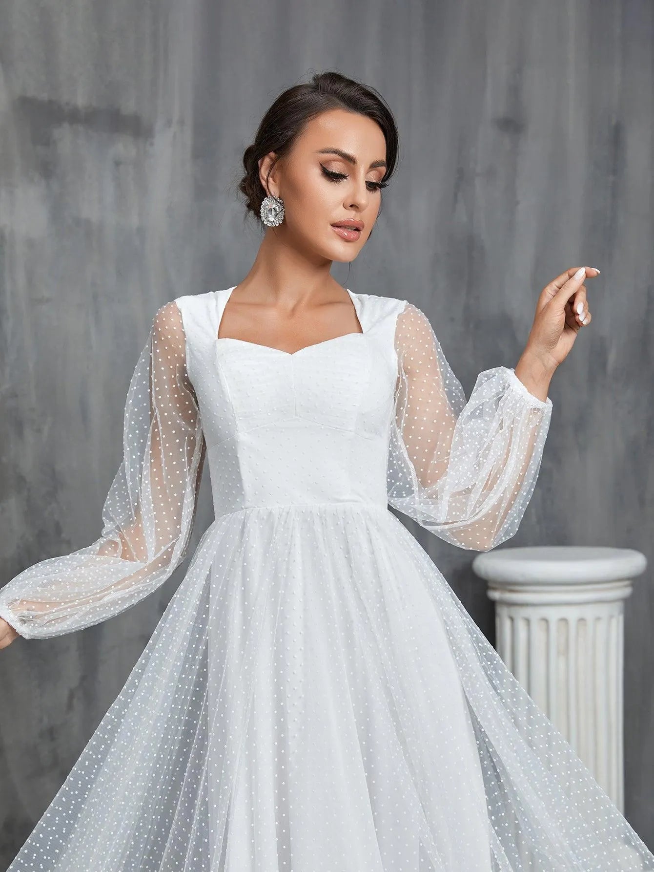 Lantern Sleeves Dobby Mesh Wedding Dress - Elonnashop